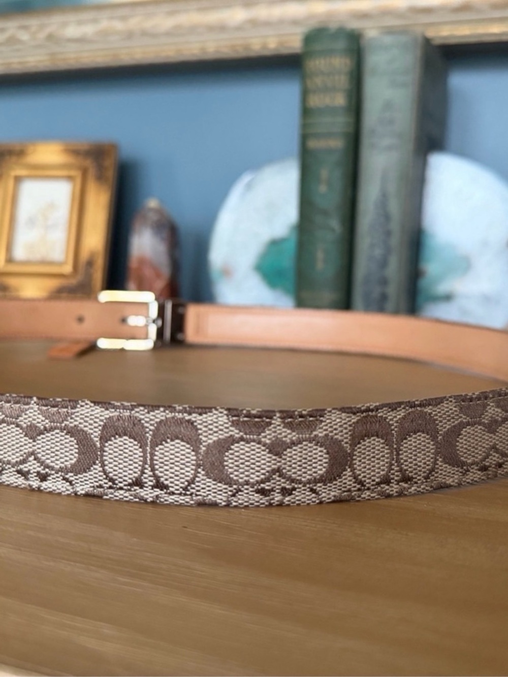 Coach Signature Jacquard Canvas Leather Belt Brown Khaki Silver Buckle Hangtag S - Picture 5 of 5